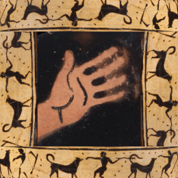 Greek terracotta depicting hand, human, and dog