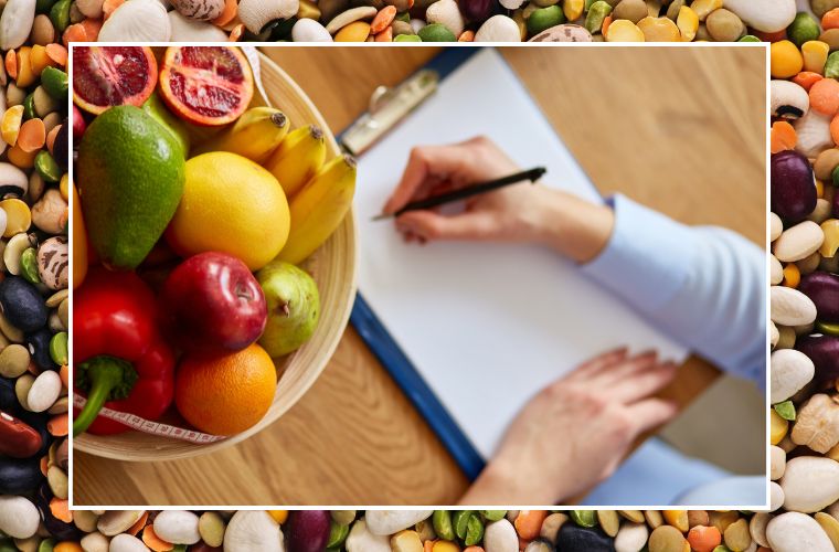image hands and clipboard, fruits, and legumes