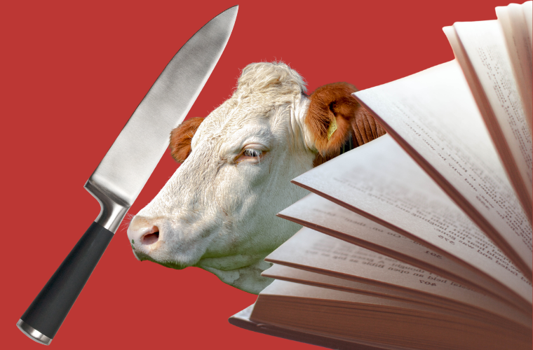 cow, book, and knife