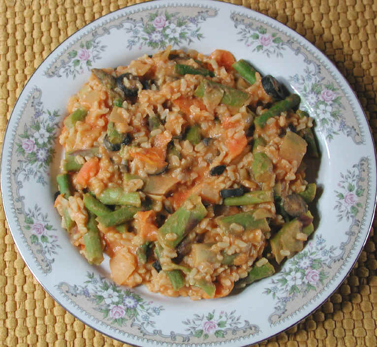 Asparagus, Carrots, Olives, and Rice with a Lemon Bean Sauce