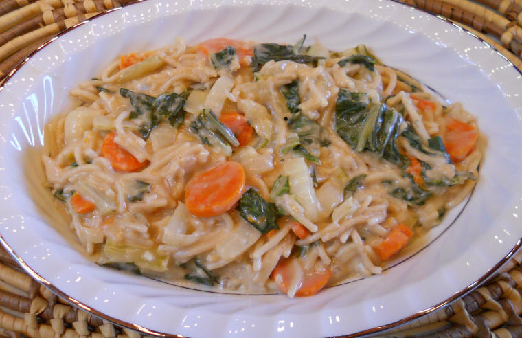 Vegetable Lo Mein with Brown Rice Spaghetti, Bok Choy, Carrots, Celery, Onions, and Peanut Sauce