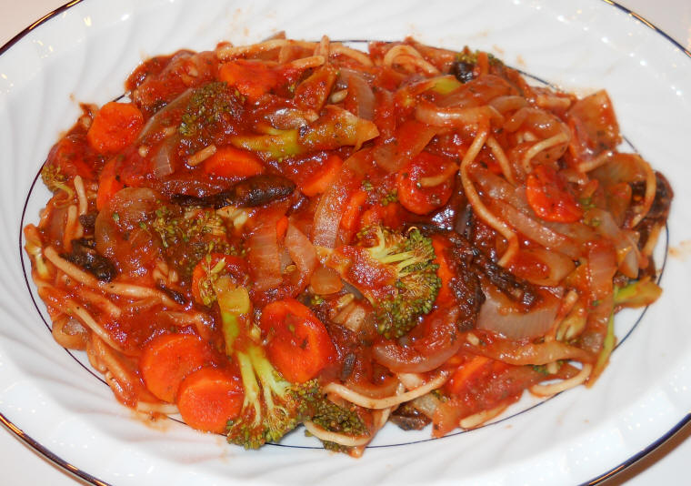 Pasta Primavera with Brown Rice Spaghetti, Broccoli, Onions, Carrots, Porcini Cepes Mushrooms