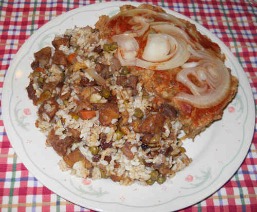 Plantain and Brown Rice with Carrots, Celery, Onions, Peas, and Spice