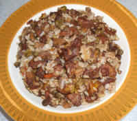 Plantain and Brown Rice with Carrots, Celery, Onions, Peas, and Spice
