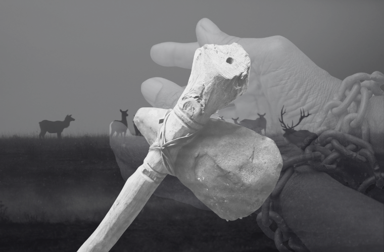 image stone axe, deer, and hands in chains
