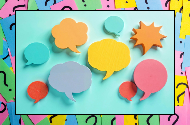 question marks and speech and thought bubbles