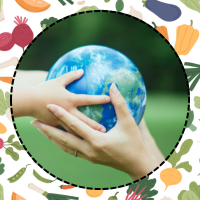 image hands holding Earth ball and veggie pattern