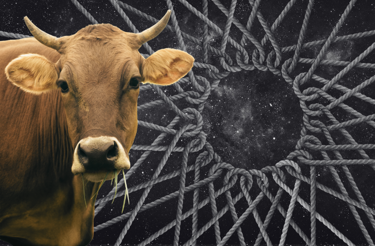 image of cow, ropes, and space