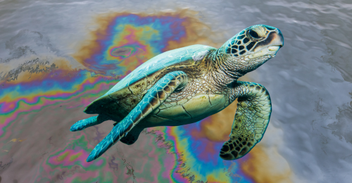 oil on water and sea turtle