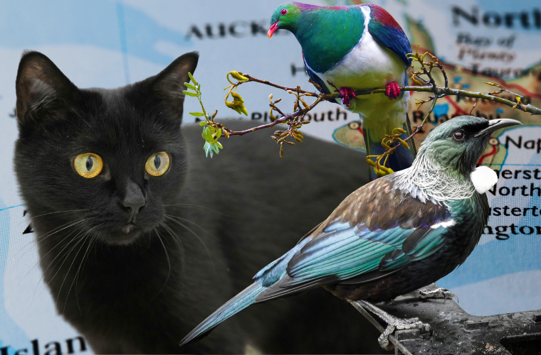 cat, birds, and map of New Zealand