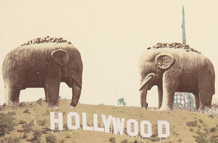 elephant statues and Hollywood sign