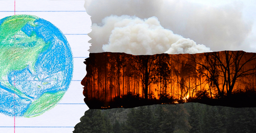 wildfire and notebook paper with drawing of Earth