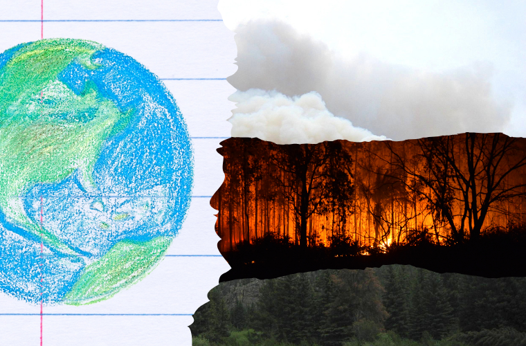 wildfire and notebook paper with drawing of Earth