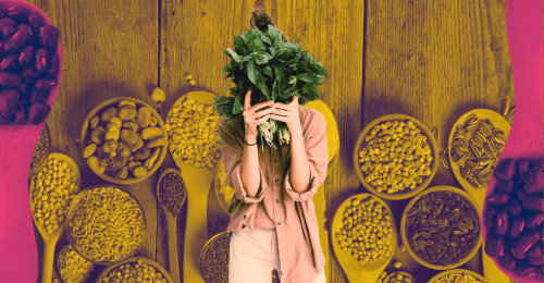 plant-based proteins and human holding greens in front of face