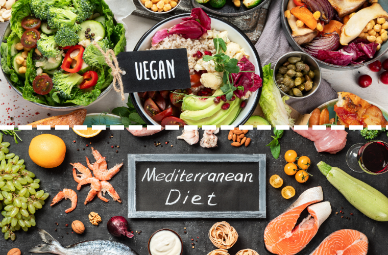 foods representing vegan and Mediterranean diets