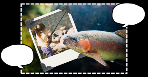 rainbow trout, child fishing, and speech bubbles