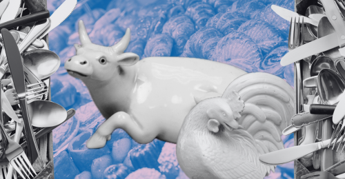 sliverware, pastries, and porcelain cow and hen