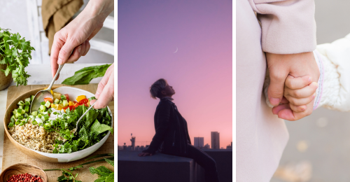 ttossing salad, watching sunset, holding child's hand