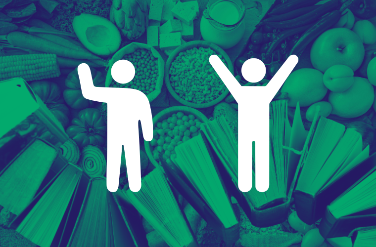two human icons, books, and vegan ingredients