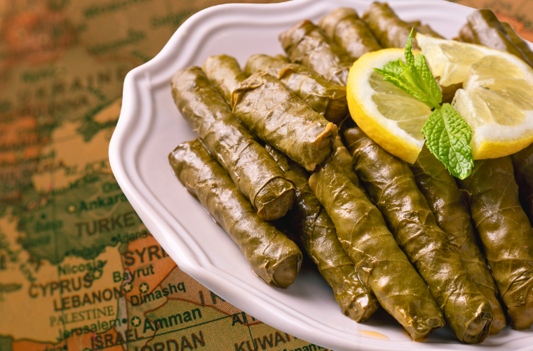 stuffed grape leaves and map of Middle East