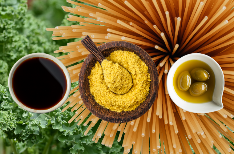 tamari, nutritional yeast, olive oil, kale, and pasta