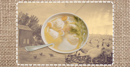painting of farm, chickens, and matzo ball soup