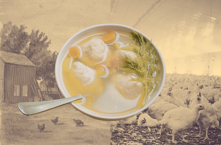 painting of farm, chickens, and matzo ball soup