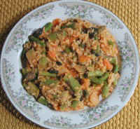 Asparagus, Carrots, Olives, and Rice with a Lemon Bean Sauce