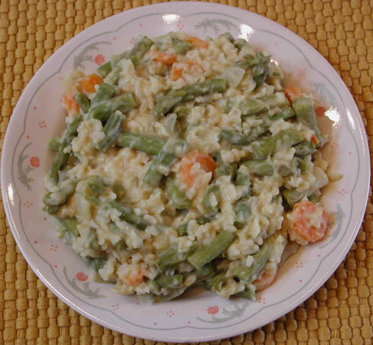 Asparagus, Carrots, Onions, and Rice with Un-cheese Sauce