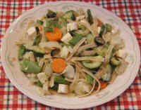 Pasta Primavera with Fettuccine, Asparagus, Cabbage, Carrots, Green Beans, Olives, Onions, Tofu, and Zucchini with Lemon Sauce