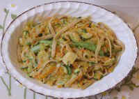 Vegetable Lo Mein (Chinese Style Pasta) with Fettuccine, Cabbage, Snap Peas, Zucchini and Chipotle Pepper