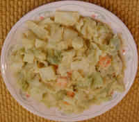 Potatoes, Cabbage, Carrots, and Onions with Un-Cheese Sauce