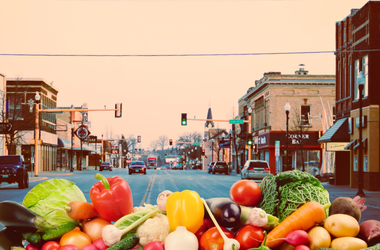 image of a main street and vegetables