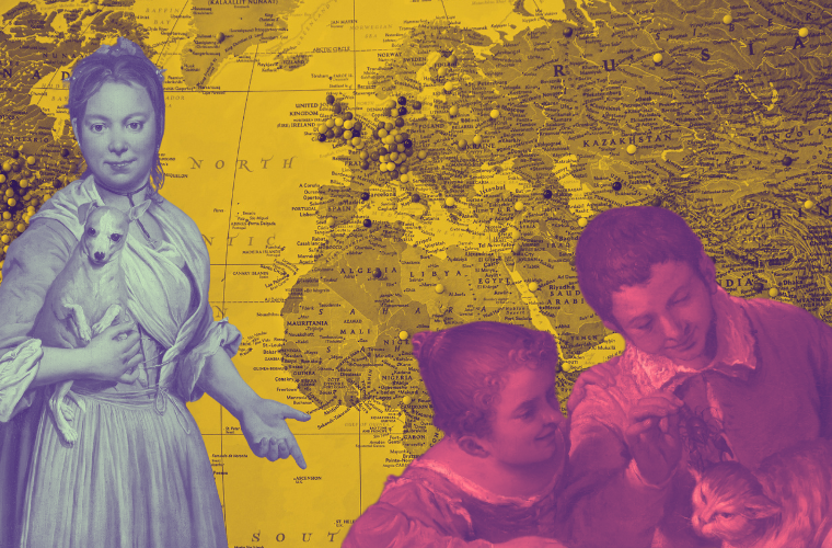 woman and dog, children teasing cat, and world map