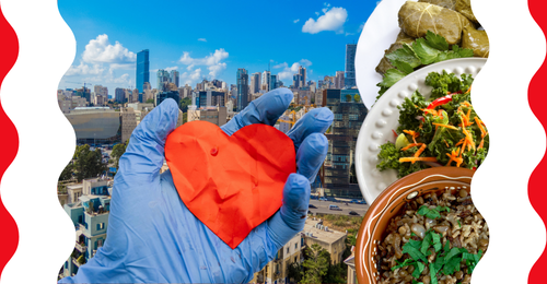 Beirut, vegan food, and gloved hand holding paper heart