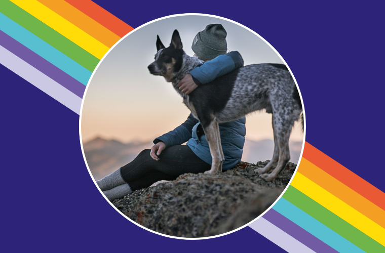 rainbow stripes and human with dog on hike