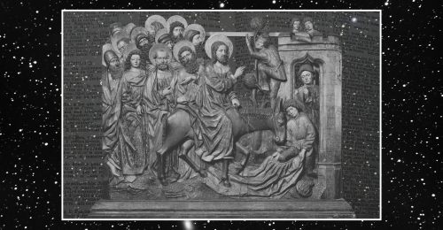 depiction of Jesus' entry into Jerusalem, Bible pages, and stars