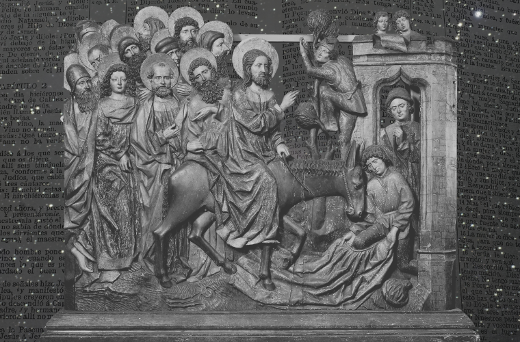 depiction of Jesus' entry into Jerusalem, Bible pages, and stars