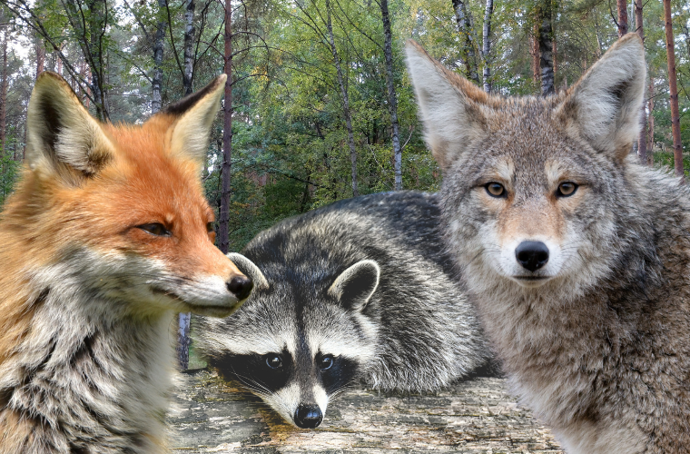 fox, raccoon, and coyote
